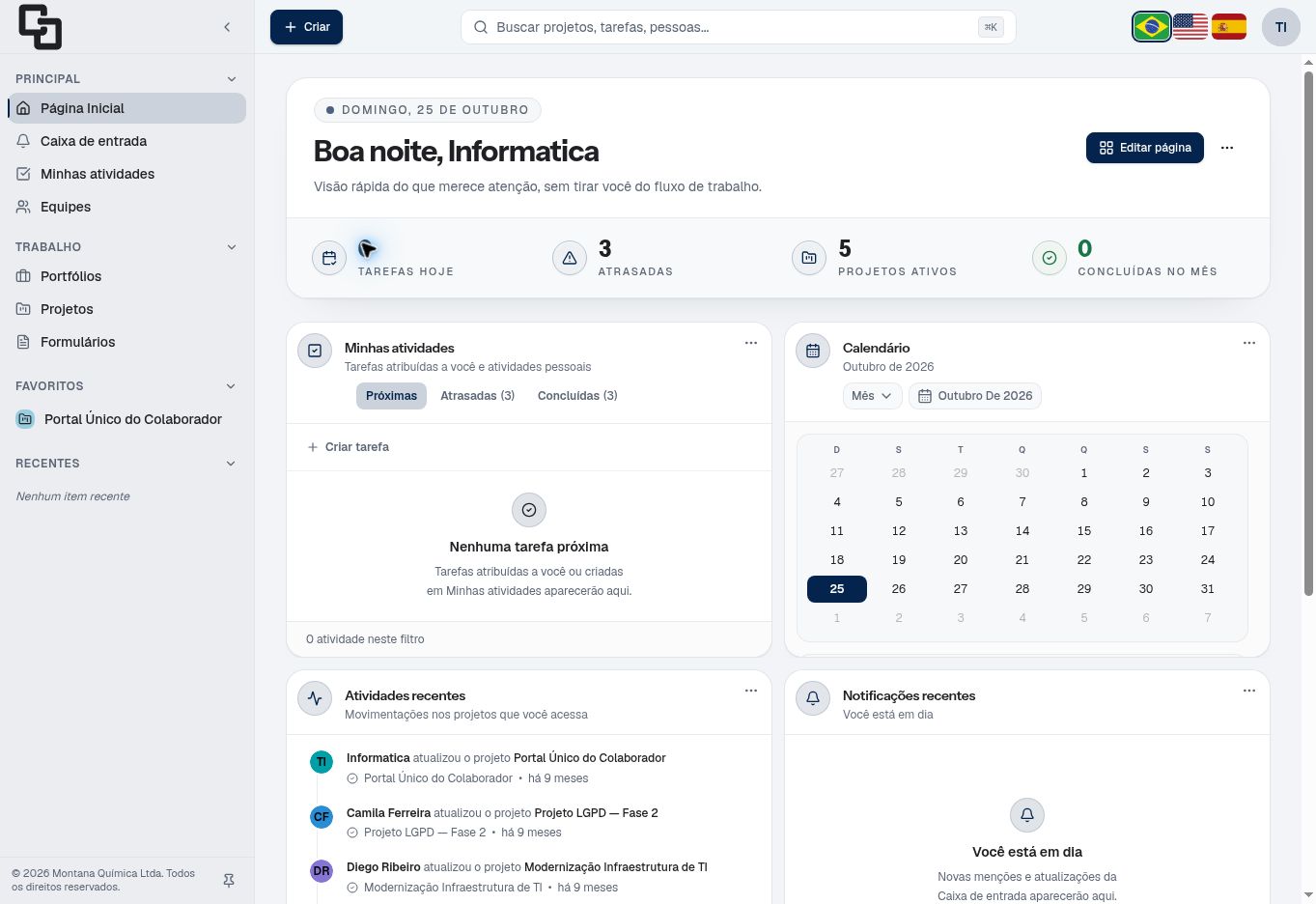Exemplo do Início do Tark com navegação lateral, indicadores e widgets. Dados de demonstração.