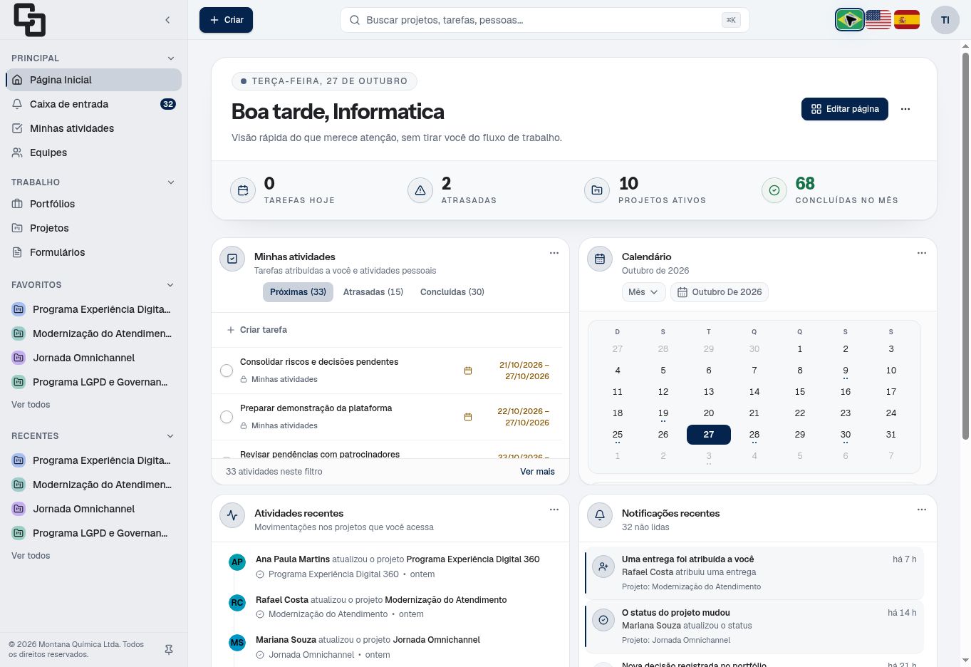 Captura do Tark: página Início com navegação e widgets.